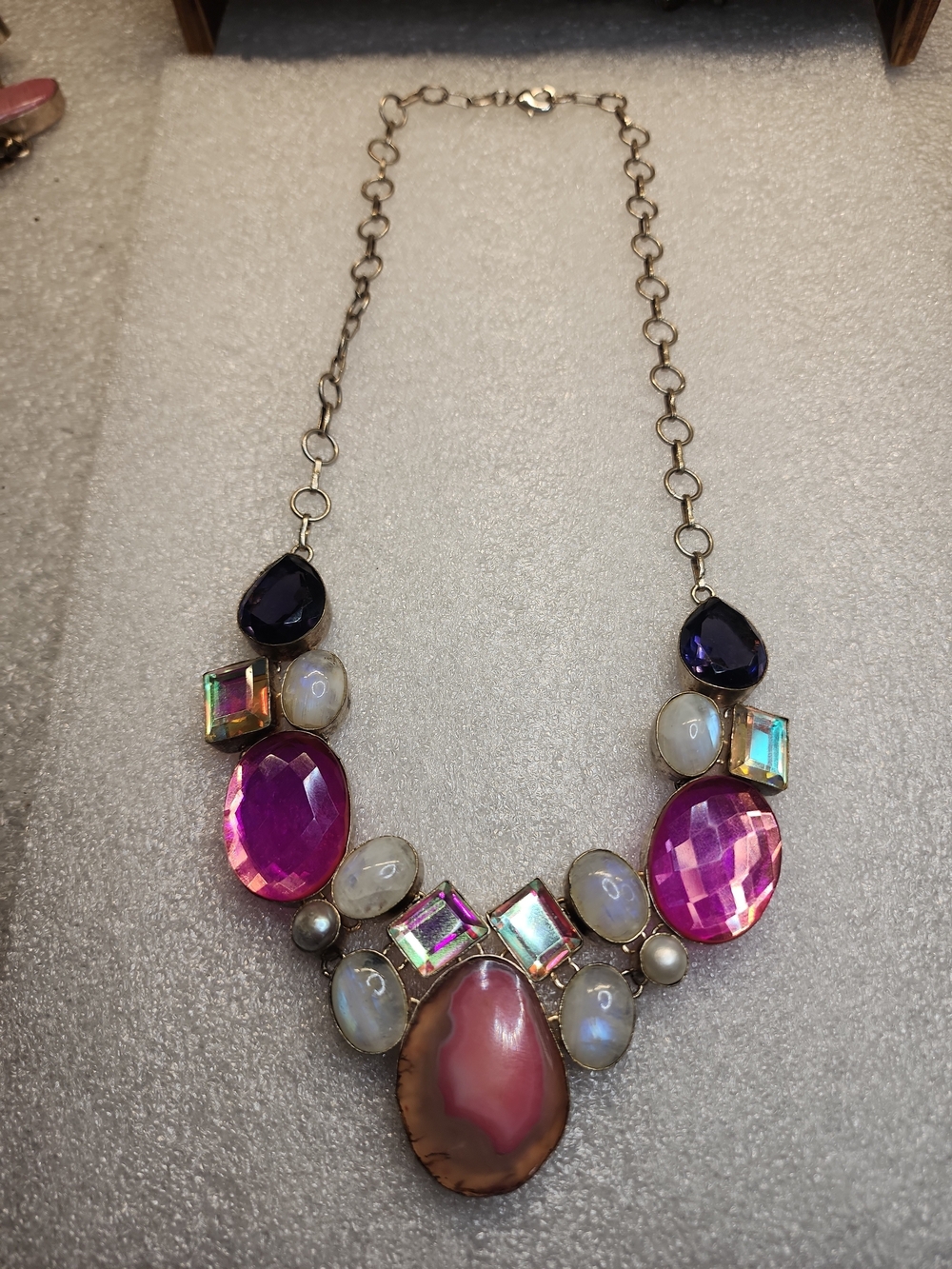 VTG Sterling Silver Multi Gemstone Necklace W/Quartz & Glass Stones 19"